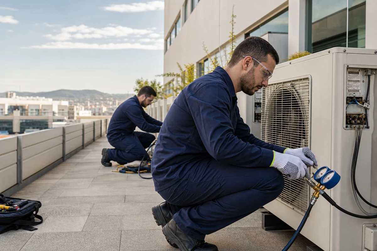 Equipe técnica realizando manutenção em condensadoras