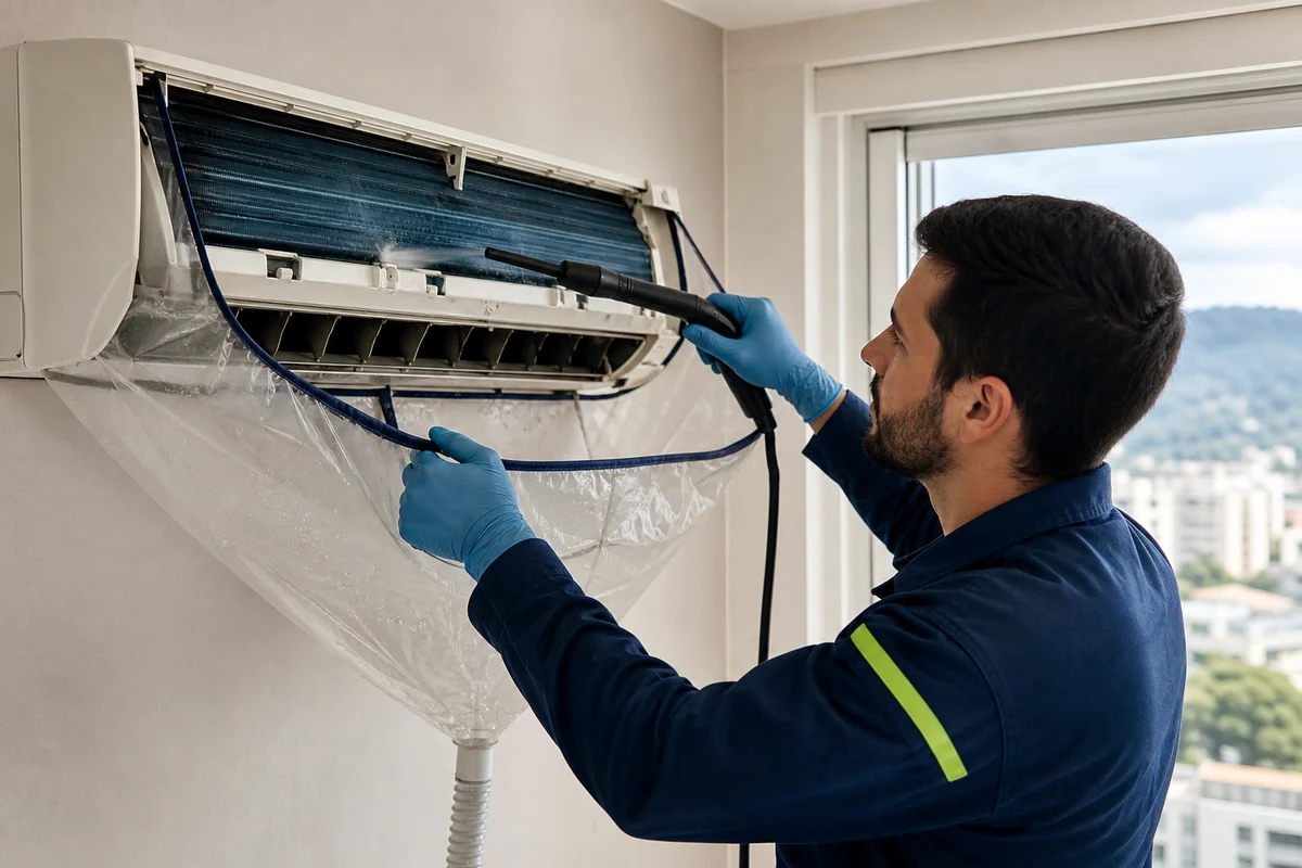 Técnico realizando higienização cuidadosa de ar-condicionado