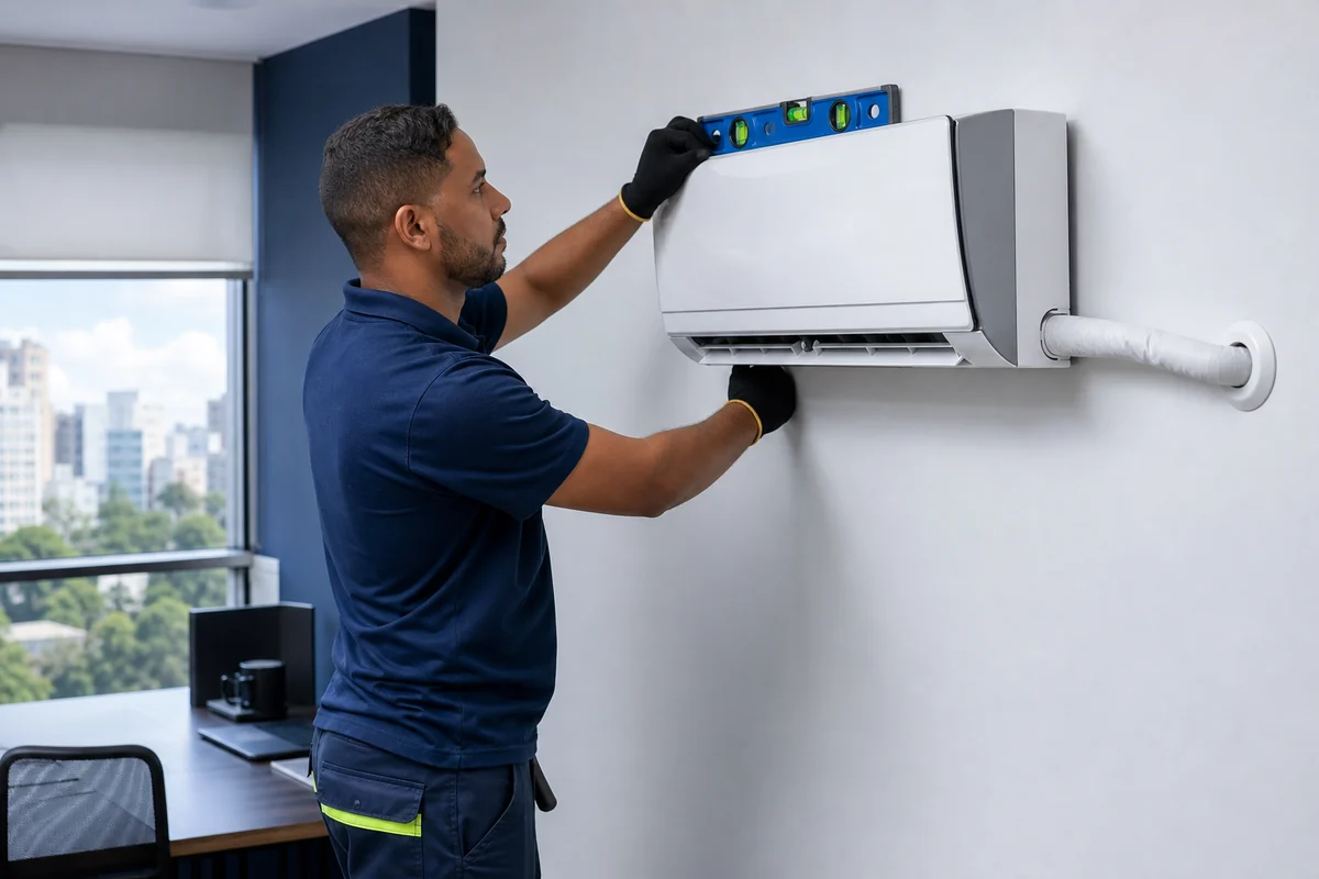 Técnico instalando ar-condicionado com nivelamento